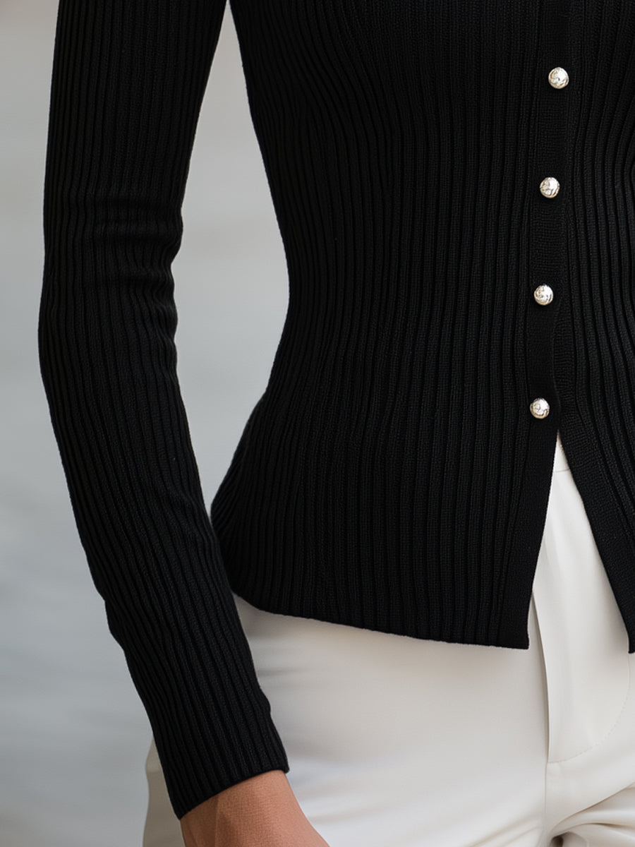 Faux-Button Polo V-Neck Ribbed Knit Sweater