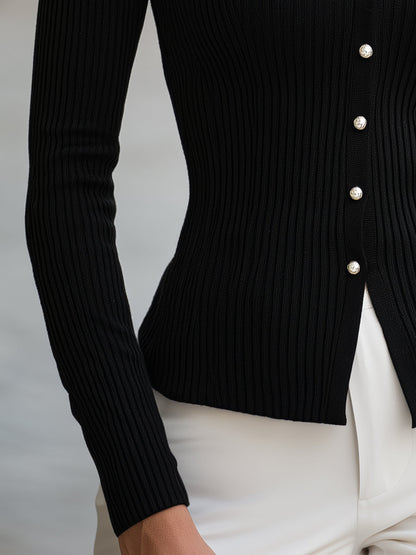 Faux-Button Polo V-Neck Ribbed Knit Sweater