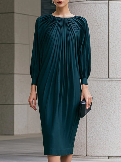 Elegant Pleated Lantern-Sleeve Midi Dress