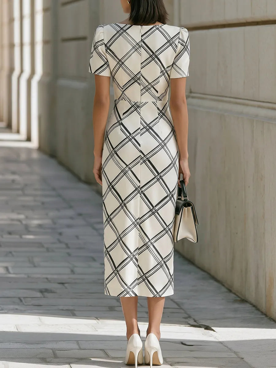 White & Black Plaid Puffed Sleeve Sheath Midi Dress