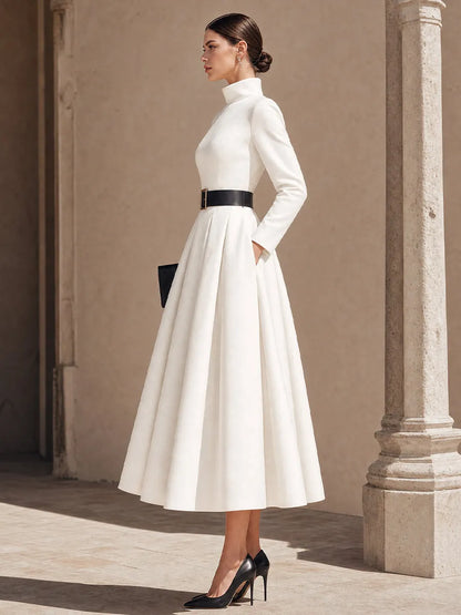 High-Neck Belted Maxi Dress With Pleated Full Skirt