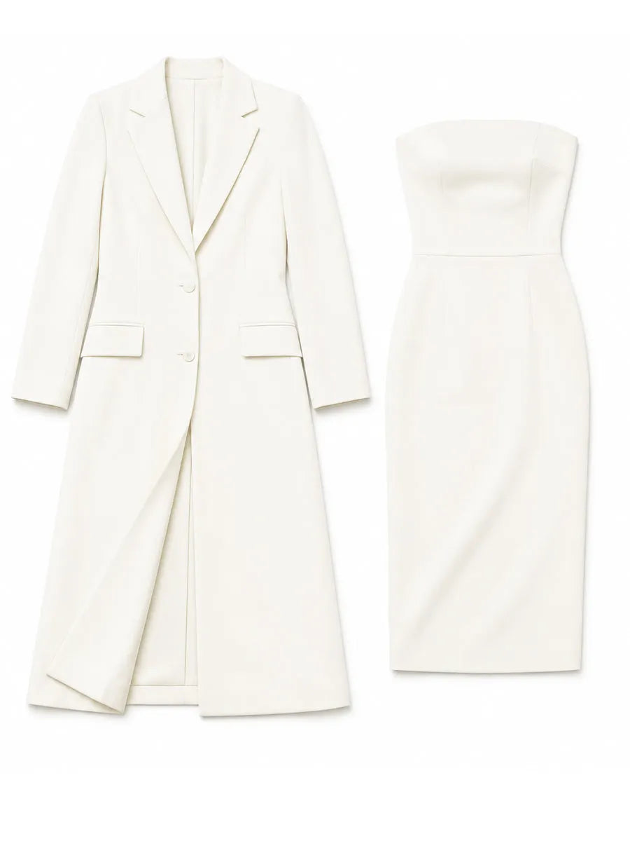 Notched Lapel Long Blazer & Strapless Tube Bodycon Midi Dress Two-Piece Set