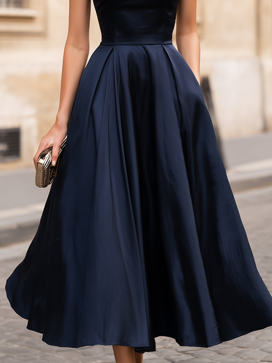 Stand Mock Neck Mini Bubble Cap Sleeve Ruched Waist Flared Satin Midi Dress