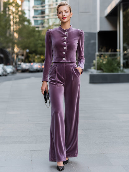 Velvet Button-Front Jacket And Wide-Leg Trouser Set