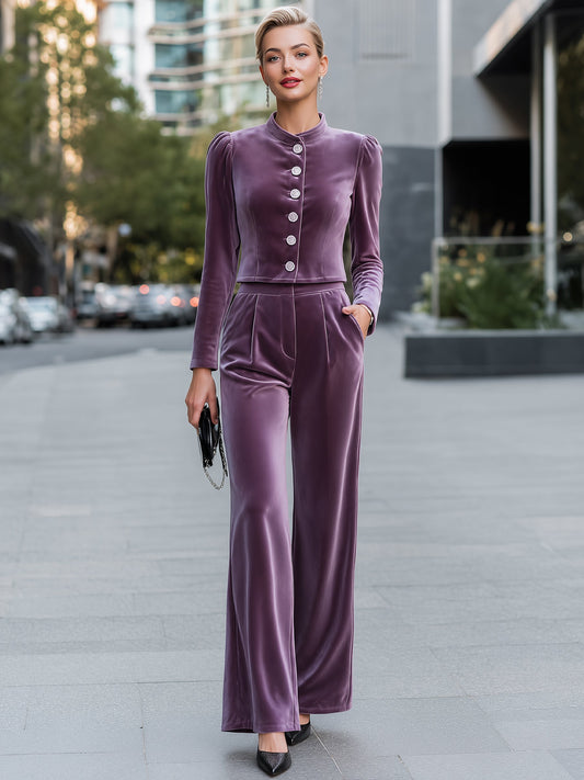 Velvet Button-Front Jacket And Wide-Leg Trouser Set
