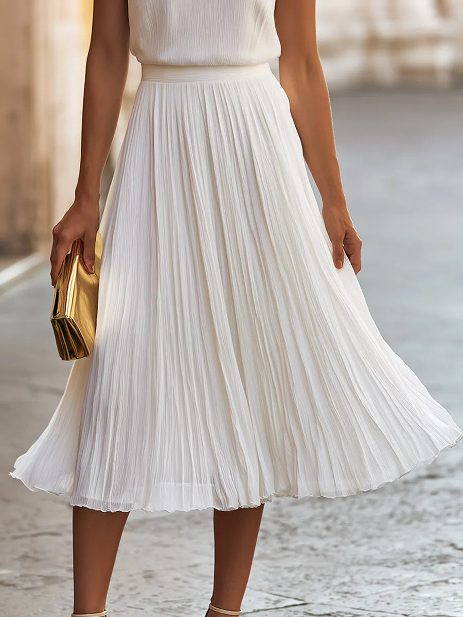 Sleeveless Pleated Chiffon Flowy A-Line Skirt Midi Dress