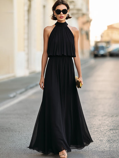 Draped Halter Neck Chiffon Maxi Evening Dress
