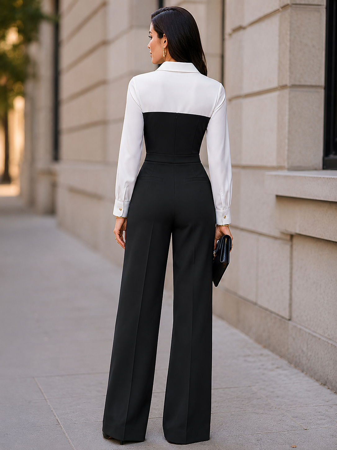 Contrast Shirt Collar Wide Leg Jumpsuit