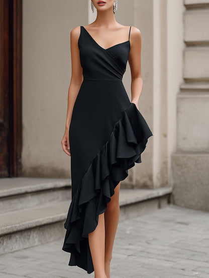 Asymmetric Ruffle Hem Slip Midi Dress