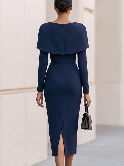 Cape‐Bow Shoulder Long Sleeve Crepe Midi Bodycon Dress