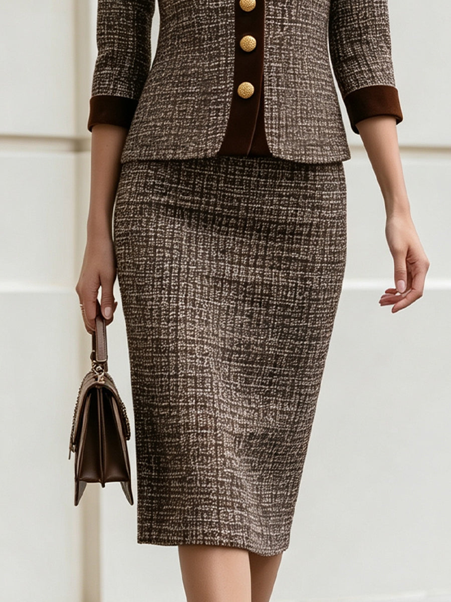 Tweed Velvet Trim V-Neck Blazer & Pencil Skirt Co-Ord Suit