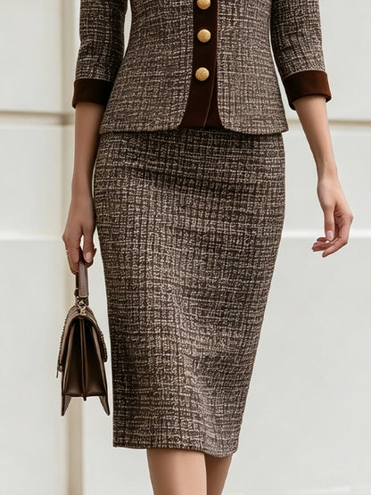 Tweed Velvet Trim V-Neck Blazer & Pencil Skirt Co-Ord Suit