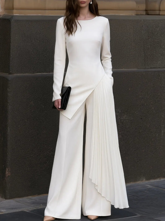 Asymmetric Pleated Overlay Top And Wide-Leg Pants Set
