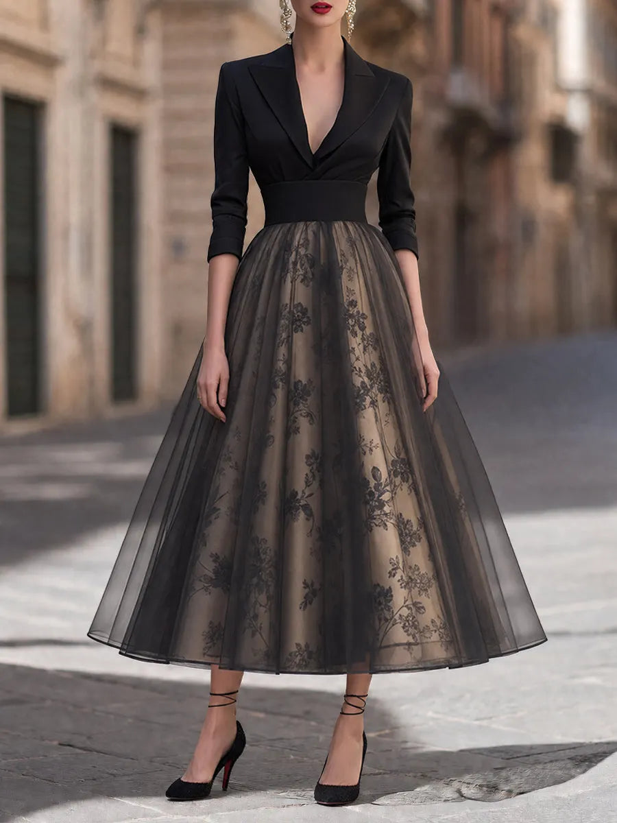 Elegant Deep V-Neck Blazer Bodice Floral Mesh Midi Dress