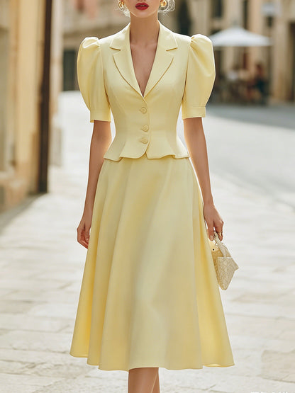 Tailored Puff Sleeve Peplum Jacket And Flared Midi Skirt Set