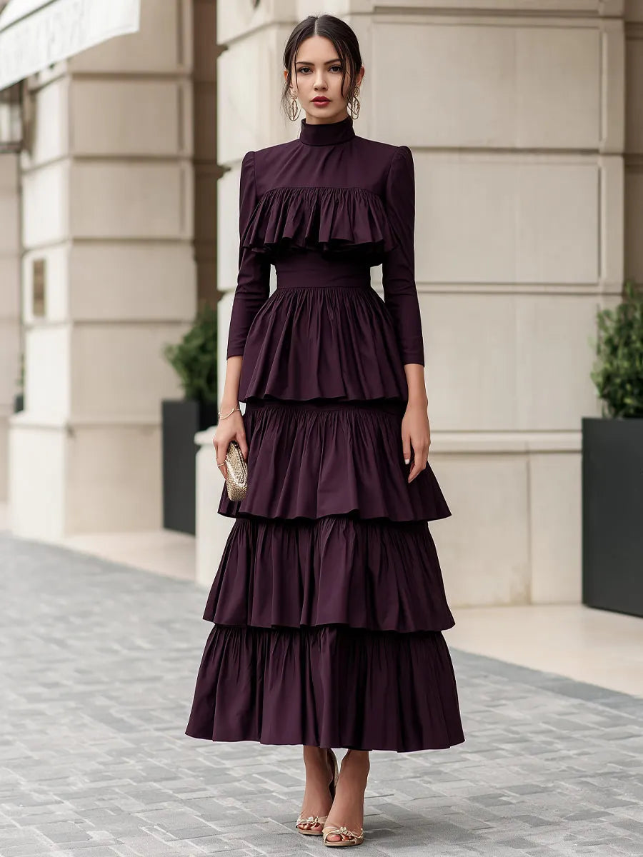 High Neck Multi-Tiered Ruffle Maxi Dress