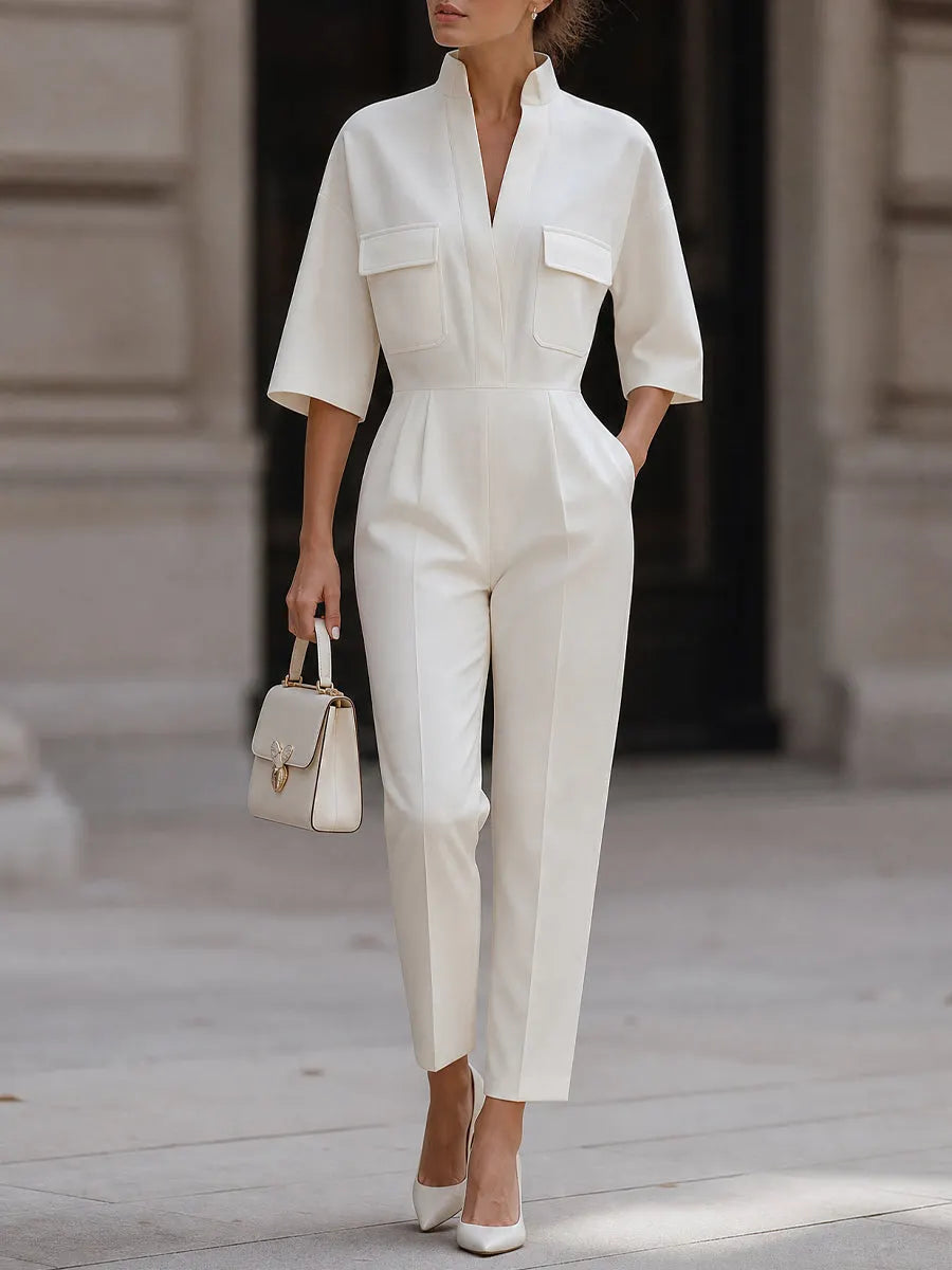 White Stand Collar Patch Pocket 3/4 Sleeve Tailored Ankle Jumpsuit