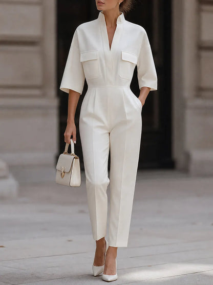 White Stand Collar Patch Pocket 3/4 Sleeve Tailored Ankle Jumpsuit