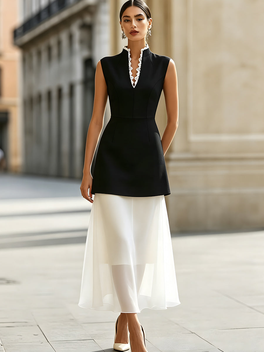 Lace-trimmed V-neck Fitted Top Paired With A Chiffon Midi Skirt