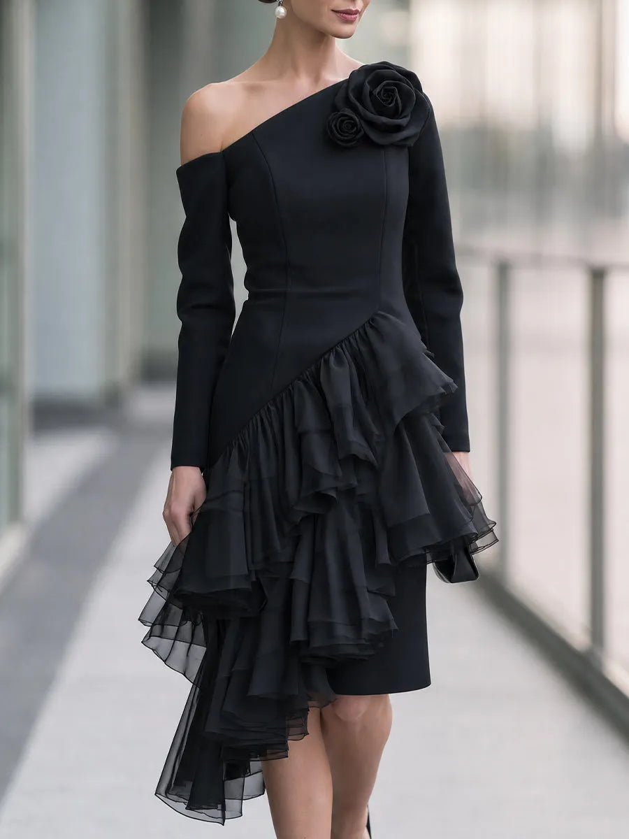 One-Shoulder Rosette Cascading Ruffle Midi Dress