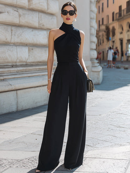 Asymmetrical Halter-Neck Wide-Leg Elegant Two-Piece Set