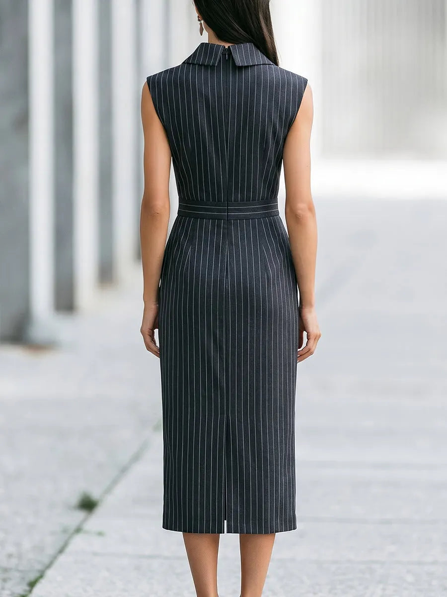Pinstripe Sleeveless Collared Sheath Midi Dress