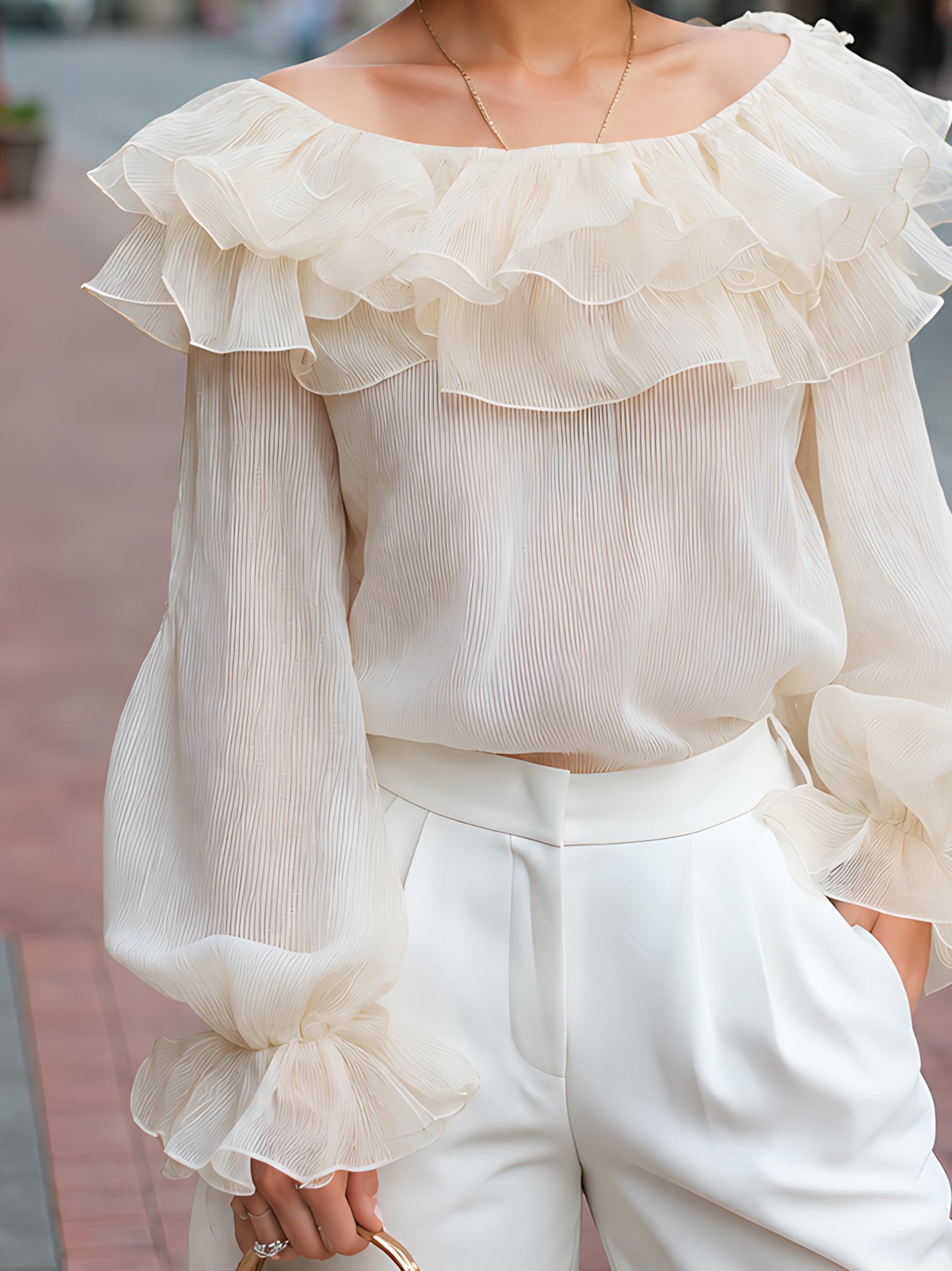 Chiffon Ruffle-Collar Sleeve-Cuff Blouse