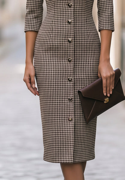 Houndstooth Contrast-Collar Button-Front Midi Dress