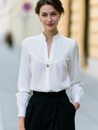 Pleated Yoke Stand Collar Button Blouse