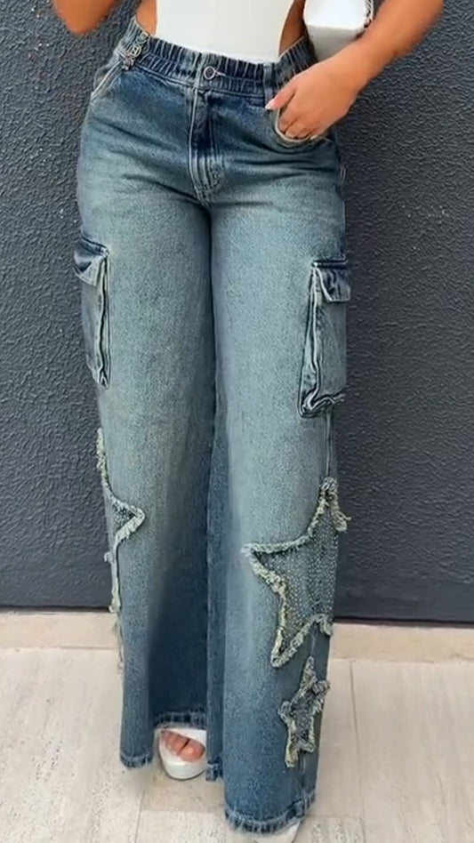 Women High-waisted Patchwork Star Wash Casual Jeans