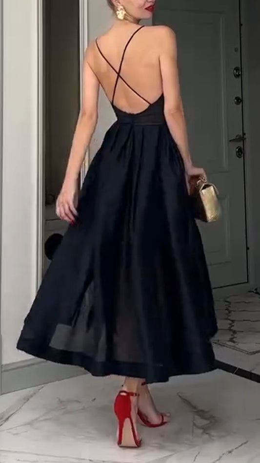 Women Spaghetti Strap Patchwork Solid Color Elegant Casual Dress
