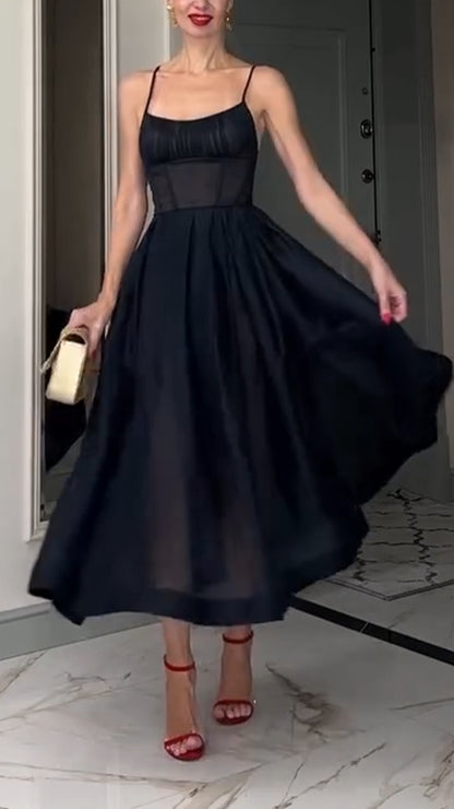 Women Spaghetti Strap Patchwork Solid Color Elegant Casual Dress