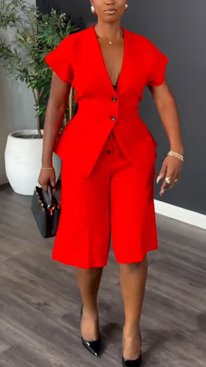 Womens V-neck Jacket+ Pants Casual Set with Temperament