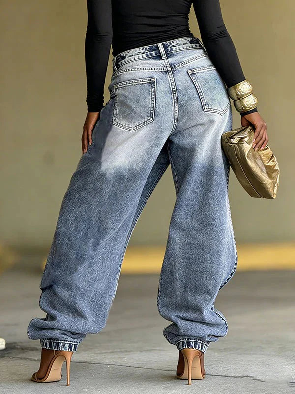 Women's Zippered Pocket Faux Two-piece Loose Jeans