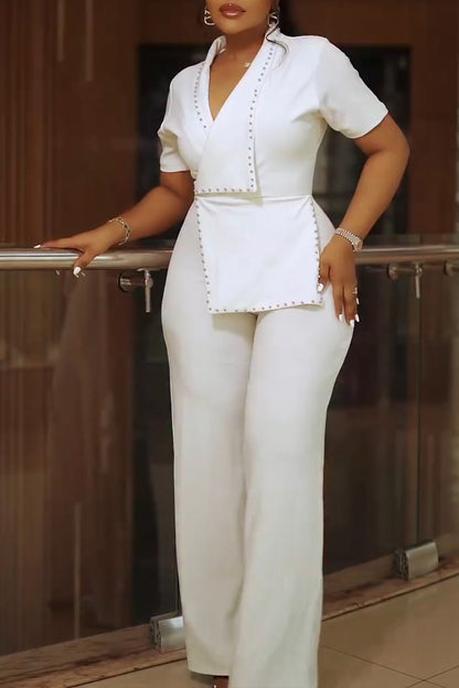 Women's Elegant Studded Lapel Trim Short Sleeve Jumpsuit