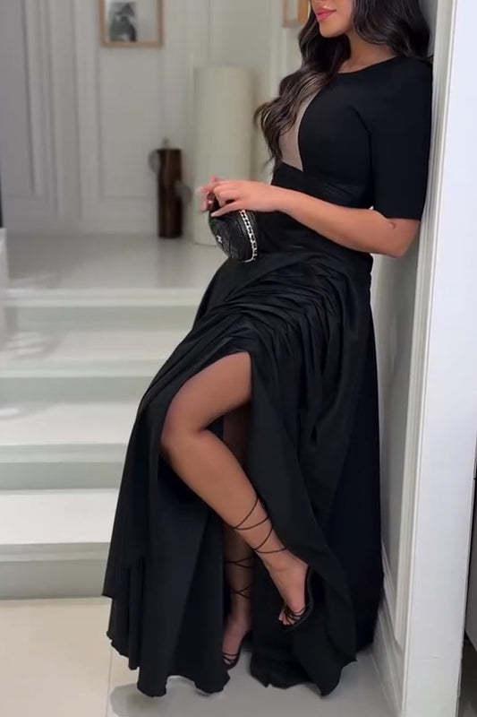 Women's Elegant Pleated Slit Hem Maxi Dress