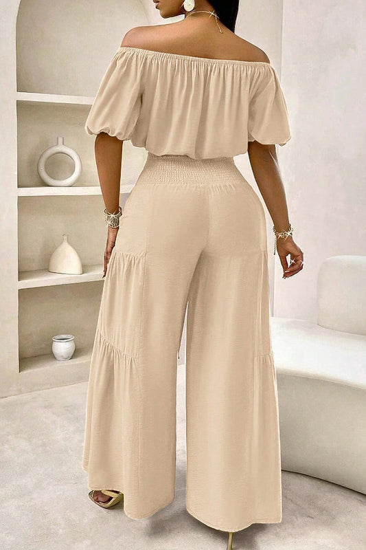 Women's Elastic Off Shoulder Puff Sleeve Loose Crop Blouse Or High Waist Smocked Bow Tie Front Tiered Flowy Wide Leg Pants