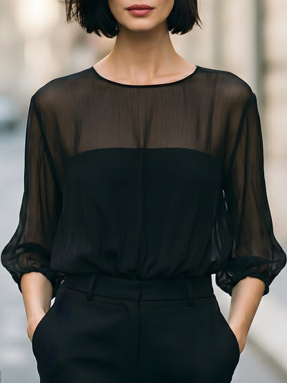 Sheer Puff Sleeve High-Neck Blouse