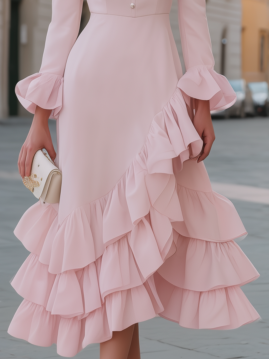 Button-Front Ruffle-Hem Midi Dress With Flounce Sleeves