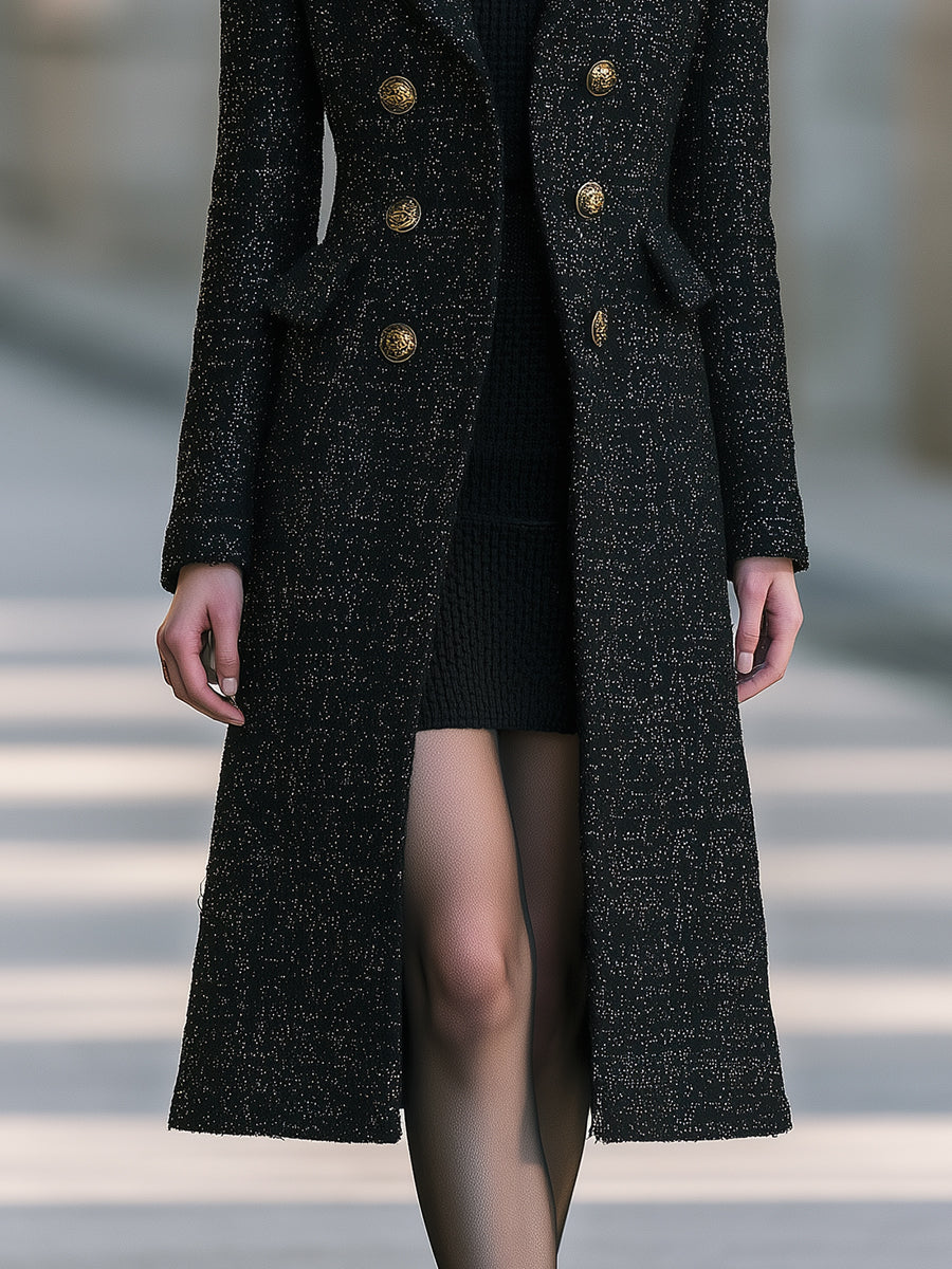Metallic Tweed Long Coat And Sleeveless Knit Dress Set