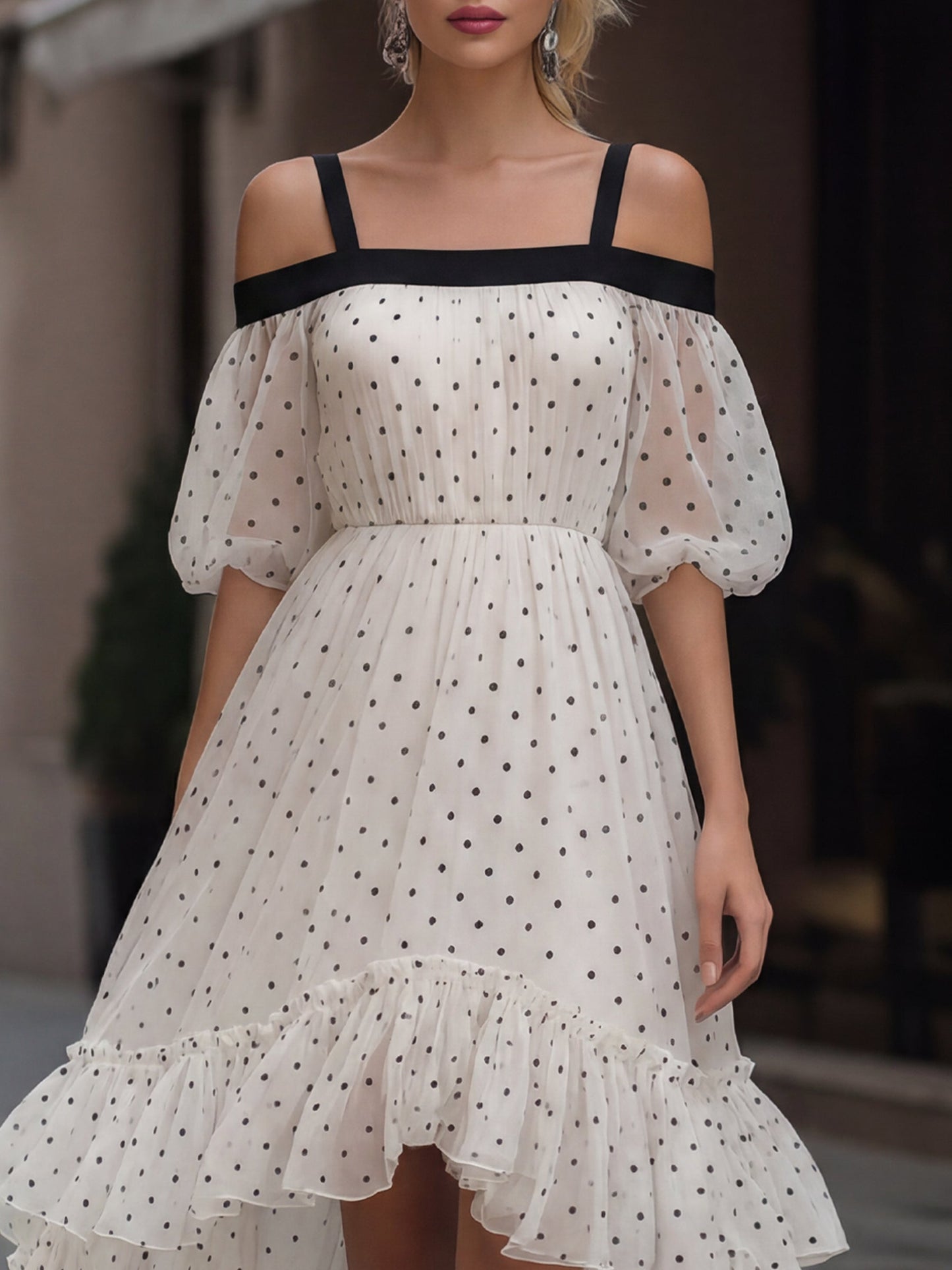 Polka Dot Tulle Off-Shoulder High-Low Midi Dress