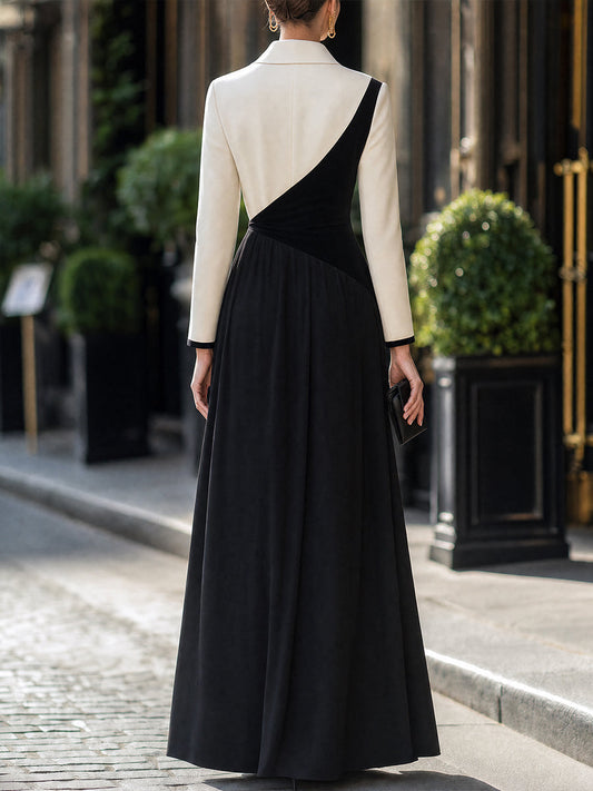 Robe longue évasée asymétrique à blocs de couleur et manches longues