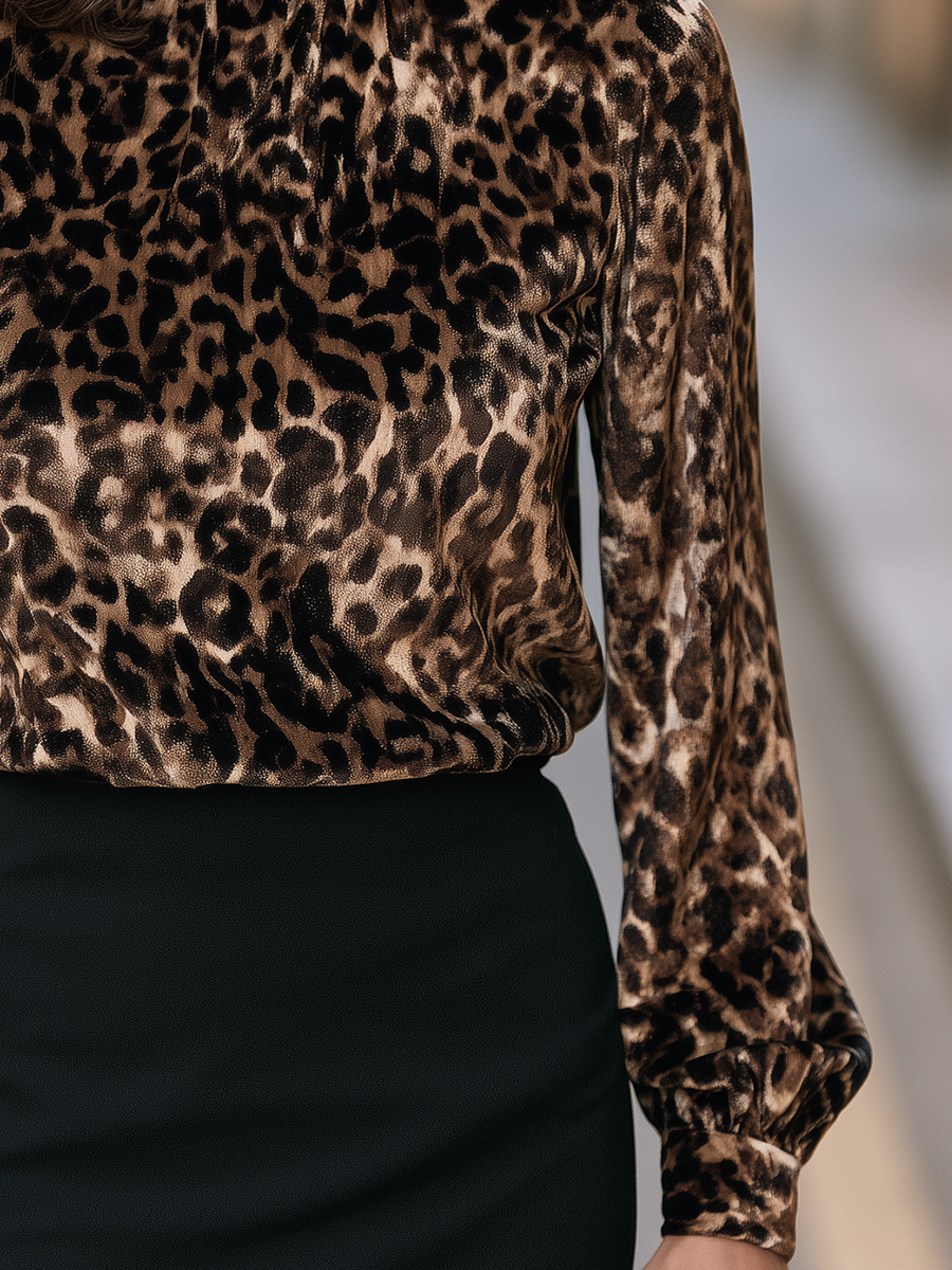 Women's Leopard Print High Neck Long Sleeve Blouse Top