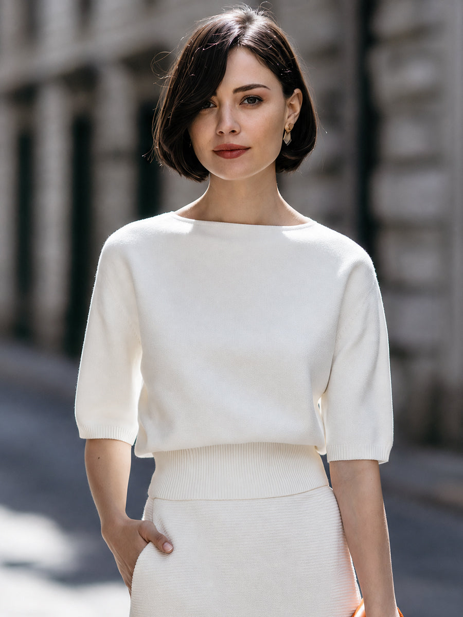 Boat Neck Ribbed Waist Knit Top