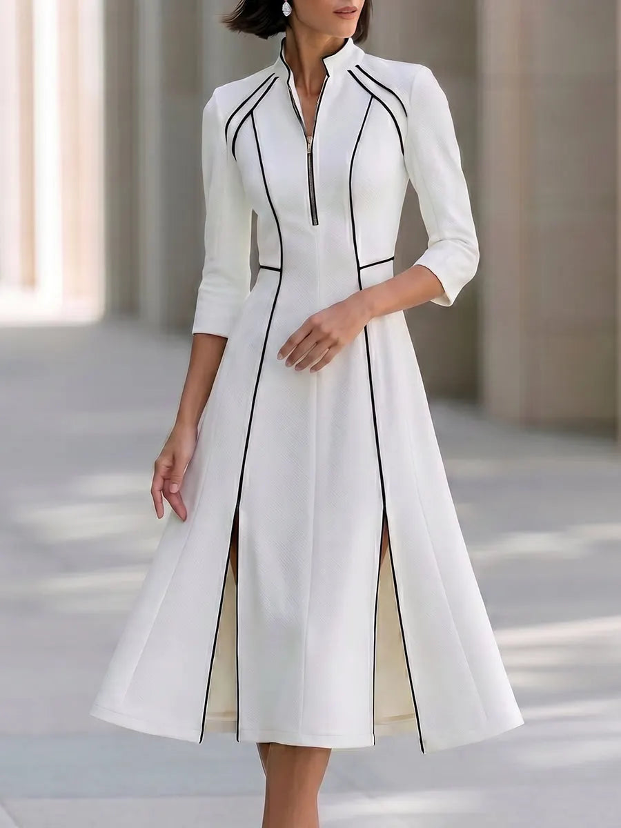 Contrast Trim Zip Front A-Line Midi Dress