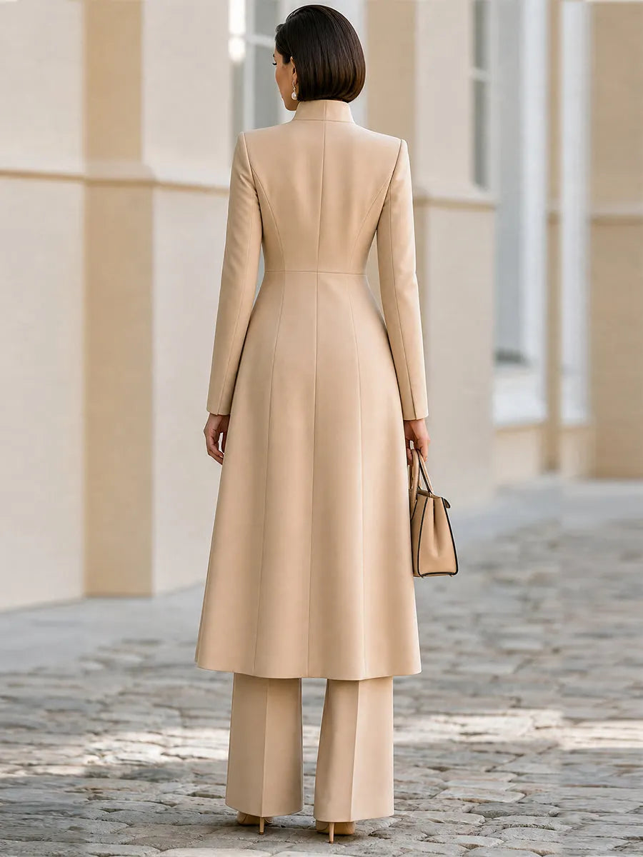Tand Collar Long Tailored Coat & High Waist Flare Pants Two-Piece Suit