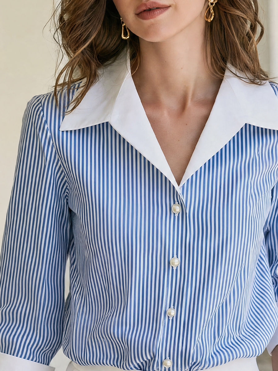 Contrast White Collar Cuff Blue PinStripe Pearl Button  Shirt