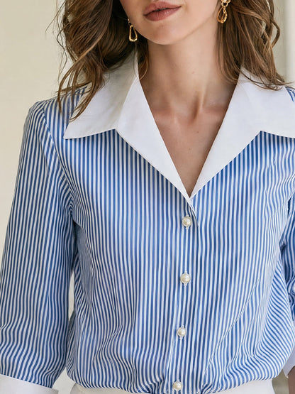 Contrast White Collar Cuff Blue PinStripe Pearl Button  Shirt