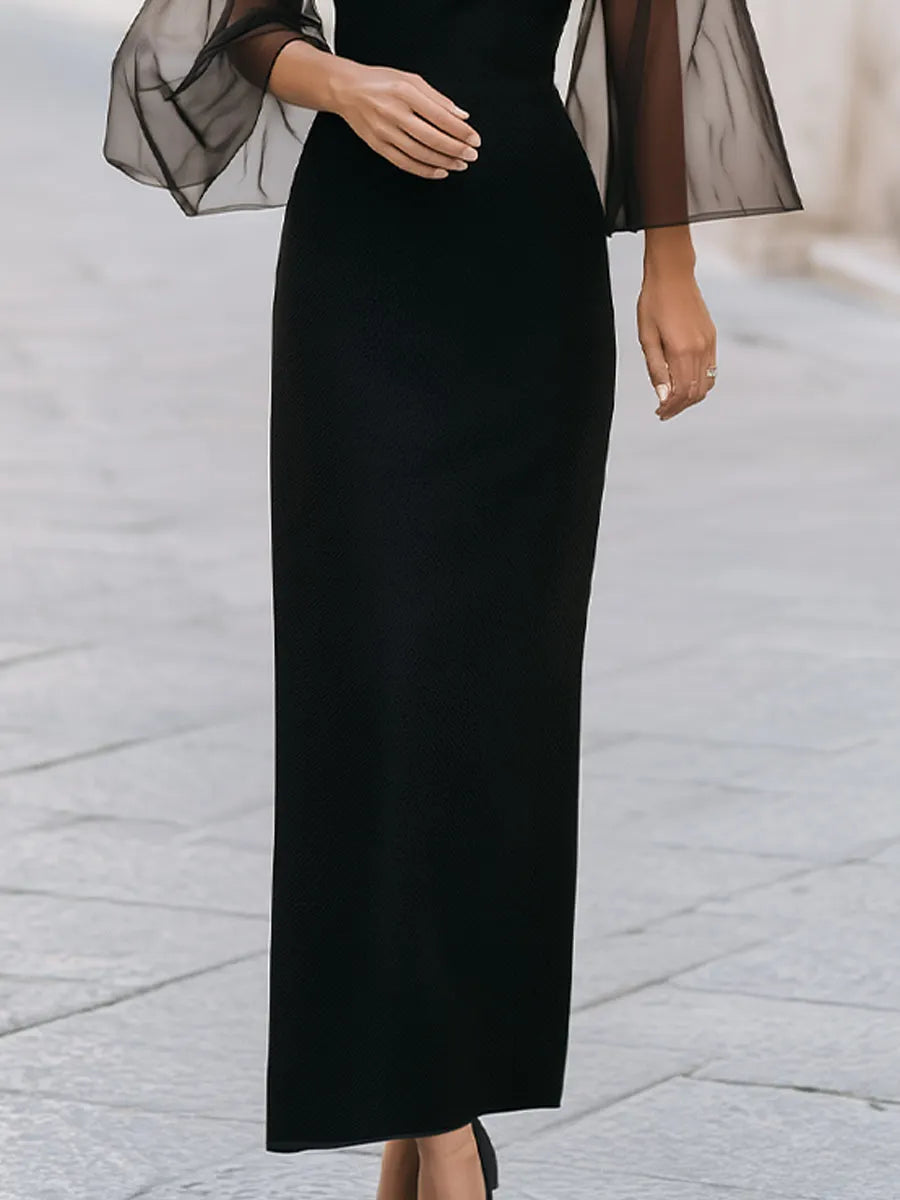 Elegant Sheer Bell Sleeve Column Maxi Dress