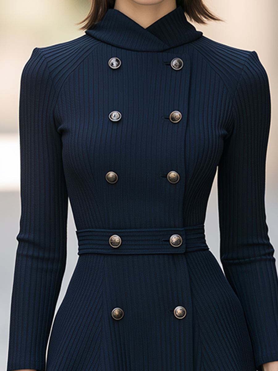 Double-Breasted Ribbed Knit Midi Dress